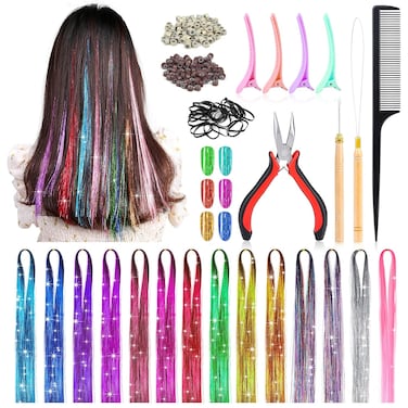 14 Colors Hair Tinsel Kit with Tool, 47 inch 2800 Strands Tinsel Hair Extensions for Women Girls, Fairy Hair Tinsel Glitter Sparkling Shiny Colorful Synthetic Hair for Party Daily Life Fashion