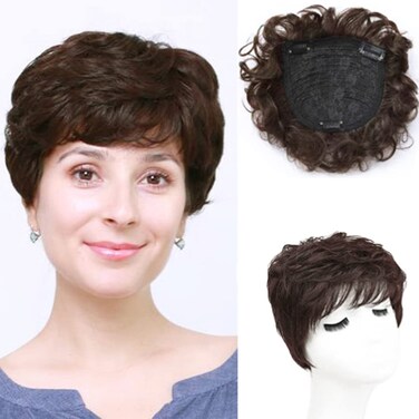 Natural Curly Hair Topper Replacement Hair Piece 13x13cm Short Human Hair Topper Clip in Wavy Hair Topper for Women with Thinning Hair/Loss Hair Darkest Brown Color