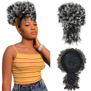MODSIGHT Afro Puff Drawstring Ponytail with Bangs, Black to Grey Kinky Curly Ponytail Bun with Bangs Updo Hairpieces, Short Afro Puffs with Bang for Black Women (Black to Grey 1BTGrey)