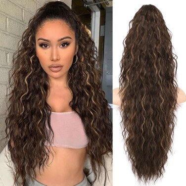 Isaic 30 Inch Claw Clip Ponytail Extension for Women, Long Wavy Pony Tails Hair Extensions Fluffy Natural Synthetic Hairpiece Clip on Ponytails for Daily Use(Chocolate Brown with Caramel Blonde)
