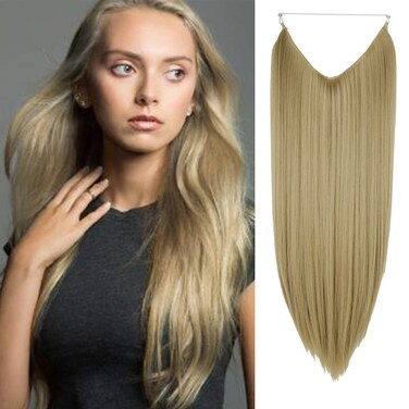 Ash Blonde Hair Extensions Straight Synthetic Hairpieces Long 22 Inch 4.4 Oz Straight Hair Piece Invisible Wire Headband for Women Heat Resistant Fiber No Clip (Ash Blonde - 24#)