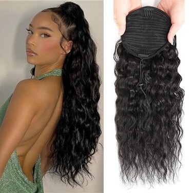 12 Inch Drawstring Human Hair Ponytail Extension Natural Black for Women Water Wave Pony tail Clip in Extensions Corn Wave Ponytail 100% Unprocessed Brazilian Human Hair