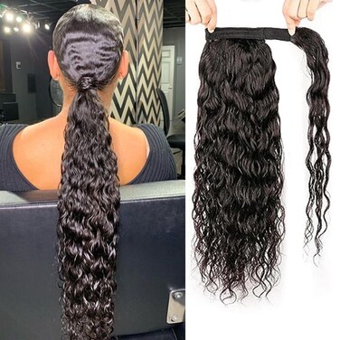 Water Wave Human Hair Ponytail Extensions Wrap Around Corn Wave Pony Magic Paste Brazilian Human Hair Extensions for Women Natural Black(20 inch)