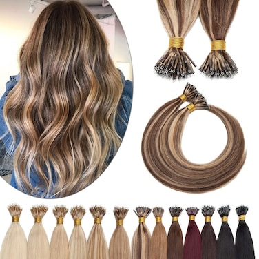 SEGO Nano Tip Hair Extensions Human Hair Balayage Nano Beads Pre-bonded Seamless Nano Ring Highlight Hair Extensions for Women 1g/strand 50g/pack -16 Inch /4P27 Medium Brown&amp;Dark Blonde