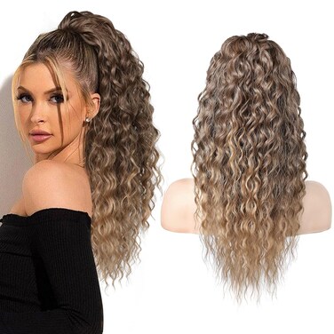 SEIKEA Ponytail Extension, PT005 Isabella 22" Long Bohemian Curly Drawstring Ponytail Light Fluffy Multi Layered Clip in Hair Extensions Ponytail Natural Soft Synthetic Hairpiece Brown to Blonde