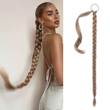 SEIKEA Long Braided Ponytail Extension with Hair Tie Straight Wrap Around Hair Extensions Ponytail Natural Soft Synthetic Hair Piece Daily Wear 34 Inch 180 Gram Dark Blonde