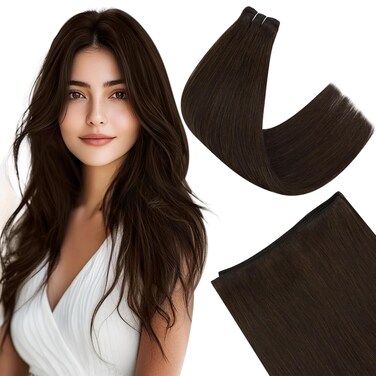 Easyouth Weft Hair Extensions Human Hair Brown Thickness Sew in Human Hair Extensions Darkest Brown Soft Hair Extension Real Human Hair Weft with no Shedding for Women 16Inch 100G