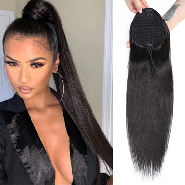 Straight Ponytail Human Hair for Black Women Remy Clip In Human Hair Ponytail Hairpiece Natural Color 10A Brazilian Straight Drawstring Pony Tail Extensions 120g (18 Inch)