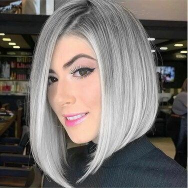 CINHOO Short Bob Hair Wig for Women Angled Bob with Dark Roots 10-12inch Gray Bob Wigs for Women Olivia Lace Front Wig Synthetic Shoulder Length Wigs for Women Sharp Inverted Bob Wig