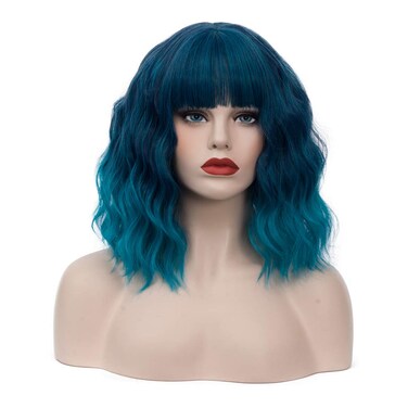 Women's Blue Ombre Wig Short Curly Wavy Wig Shoulder Length Flat Bangs Wig For Women Girl Cosplay Party Halloween Wig Cap Included (Blue Ombre)