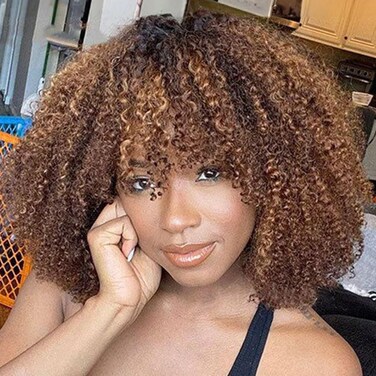 Short Kinky Curly Wig with Bangs Human Hair for Black Women Short Curly Bang Wig 250% Density Curly Bob Glueless Wig (Highlight Brown, 14 inch)