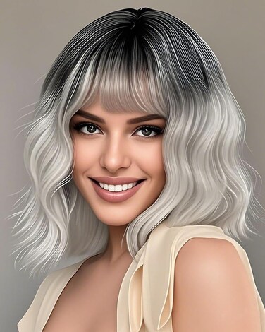 Short Gray Wigs for Women Sliver Grey Wig with Bangs Dark Roots Ombre Curly Bob Wig Shoulder Length Natural Looking Hair Replacement Wigs for Daily Party Use Cosplay Costume Halloween Wig
