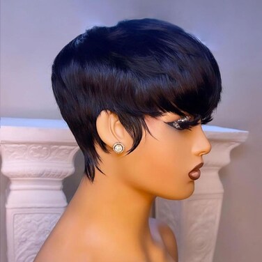 Short Pixie Cut Wig Human Hair Glueless Bob Wig Short Pixie Wigs for Black Women Bowl Cut None Lace Front Wig with Bangs Natural Black Straight Full Machine Made Half Wigs