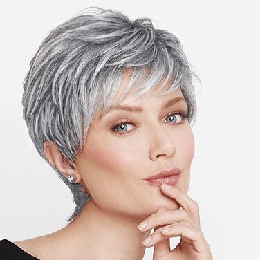 BECUS Gray Wigs for Women Grey Wig for Black Women Sliver Grey Wigs for White Women Pixie Cut Layered for Women Synthetic with Free Wig Cap(Grey Mix Black)