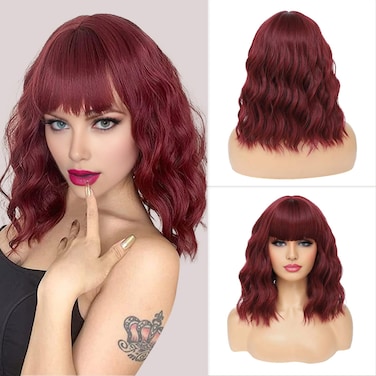 Dark Red Wig with Bangs, 14 Inch Shoulder Length Red Wigs for Women, Synthetic Heat Resistant Fiber Burgundy Wig, Natural Looking Wine Red Wig for Daily Party Use, Halloween Costume Wigs