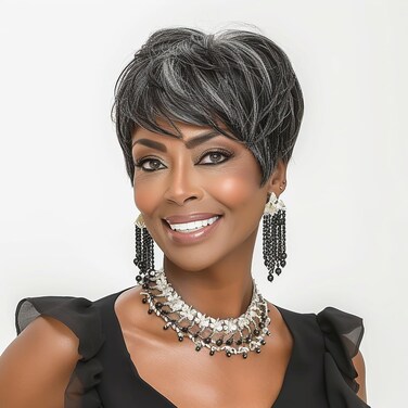 Short Pixie Cut Wigs for Black Women Short Wig Ombre Grey Mixed Black Pixie Wigs Grey Pixie Cut Wigs Salt and Pepper Wigs for Black Women (Grey Mixed Black)