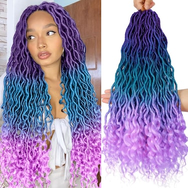 Ombre Faux Locs Crochet Hair 20inch 5Pack(120Strands)Ombre Goddess Locs Crochet Hair Pre Looped Crochet Faux Locs With Curly Ends Faxu Locs Crochet Hair for Black Women(Purple/Lake Blue/Light Purple)