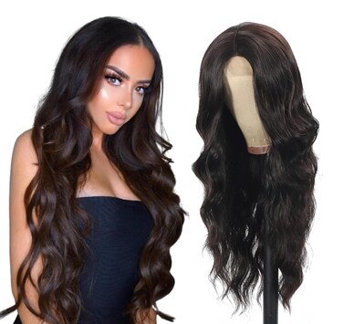 28 Inch Body Wave Synthetic Lace Front Wig Dark Brown Long Wavy Wig with Middle Part Colored Wigs for Women