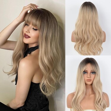Blonde Wig With Bangs Long curly wavy Wig for Women Ombre Wig Blonde with Dark Root Natural Looking Synthetic Heat Resistant Fiber Wig for festival holiday Girls Daily Party Cosplay Use