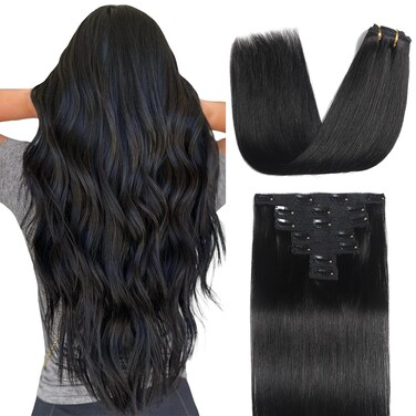 Sisily Clip in Hair Extensions Real Human Hair, 22 Inch Premium Human Hair Clip in Extensions Natural Black, Soft Straight Hair Extensions Real Human Hair Clip ins 7PCS Double Weft（22 Inch #1B）