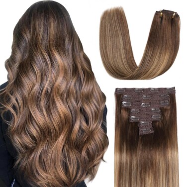 Sisily Clip in Hair Extensions Real Human Hair, Premium Human Hair Clip in Extensions Chocolate Brown to Blonde Balayage, Soft Straight Hair Extensions Real Human Hair Clip ins 7PCS （16 Inch）