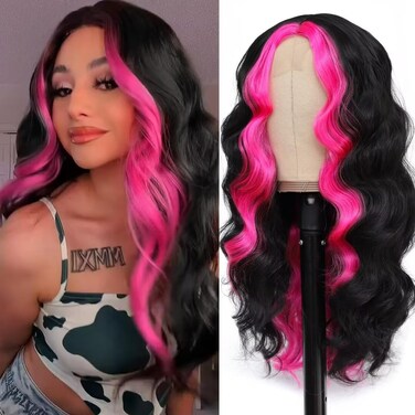 Hot Pink Skunk Stripe Wigs 22inch Highlight Synthetic Hair Lace Front Wigs for Black Women Middle Part Fake Scalp Long Wavy Wig Natural Looking Synthetic Body Wave Wigs