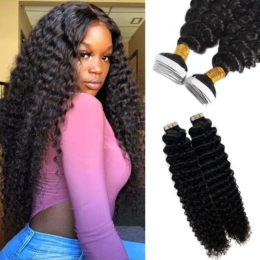 Black Tape in Hair Extensions for Black Women,100% Real Hair Extensions Curly Wave Tape ins Seamless Skin Weft Natural Black Hair Extensions 50grams 20pcs 18