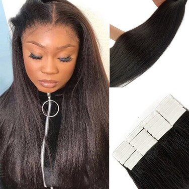Yaki Straight Tape in Hair Extensions Human Hair 22Inch Burmese Hair Yaki Tape ins for Black Women Seamless Skin Weft Yaki Straight Natural Black Tape in Full Head Extensions 50grams 20pcs