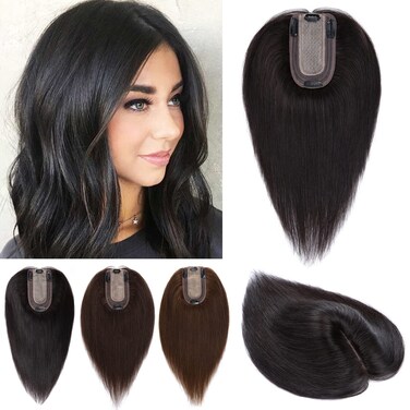 S-noilite Hair Toppers for Women with Thinning Hair 100% Real Human Hair Toppers No Bangs 7 * 13cm Silk Base Wiglet Hairpieces Clip in Hair Toppers for Women 12 inch 38g #1B Natural Black