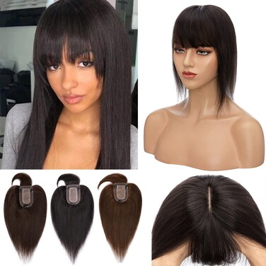S-noilite Hair Toppers for Women Real Human Hair Toppers with Bangs 7 * 13cm Silk Base Wiglet Hairpieces Clip in Hair Topper for Thinning Hair Hair Loss 8 inch 30g #1B Natural Black