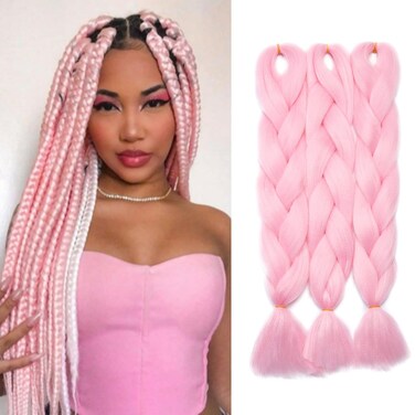 Ombre Jumbo Braiding Hair Box Twist Braid Crochet 2 Tone Colored 24" Jumbo Braids Crochet Hair Extensions Hair Ombre Long Jumbo Braids High Temperature Synthetic Hairpiece (3 Bundles,Pink)