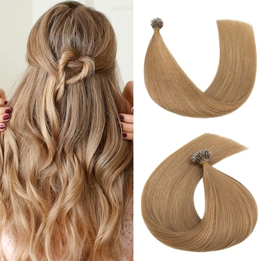 S-noilite Nano Tip Hair Extensions Human Hair Nano Ring Hair Extension Pre-Bonded Nano Bead Remy Hair Extensions Micro Beads Hairpiece for Women 50g 50strands 16inch #27 Dark Blonde