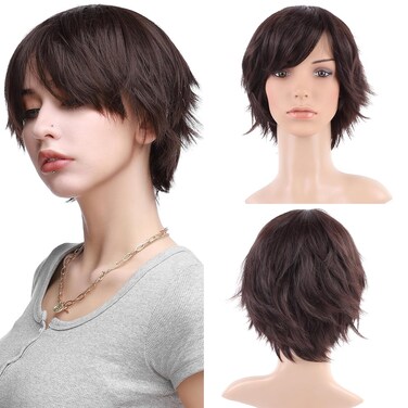 S-noilite Women Short Dark Brown Wig Cosplay Daily Party Costume Heat Resistant Straight Synthetic Hair Full Wigs 5inch