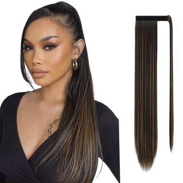 SOFEIYAN Long Straight Ponytail Extension 30 inch Wrap Around Ponytail Synthetic Hair Extensions Clip in Ponytail Hairpiece for Women, Dark Brown mix Strawberry Blonde Unevenly