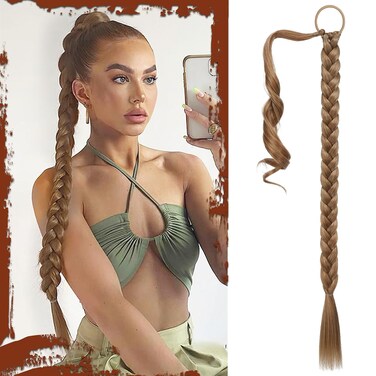 Sofeiyan Long Braid Ponytail Extension with Hair Tie Straight Sleek Wrap Around Hair Extensions Braid Pony Tail Fluffy Natural Soft Synthetic Hairpieces for Women Daily Wear, 30 inch-Blonde Highlights