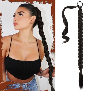 SOFEIYAN Long Braid Ponytail Extension with Hair Tie Straight Sleek Wrap Around Hair Extensions Braid Pony Tail Fluffy Natural Soft Synthetic Hairpieces for Women Daily Wear, 30 inch-Black Brown