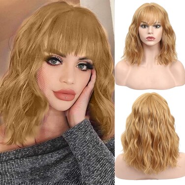 SOKU Strawberry Blonde Wigs with Bangs Synthetic 14" Medium Length Bob Curly Pastel Wigs for Women Short Bob Wavy Hair Wigs Blonde Braided Wigs for Girls Cosplay Christmas Gift
