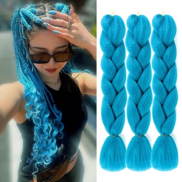 A-Lake Blue Braiding Hair Extensions Premium Synthetic Hair Braid Crochet Twist Hair for Women 24 Inches 100g/bundle (3 Bundles/Pack,Color:A-Lake Blue)