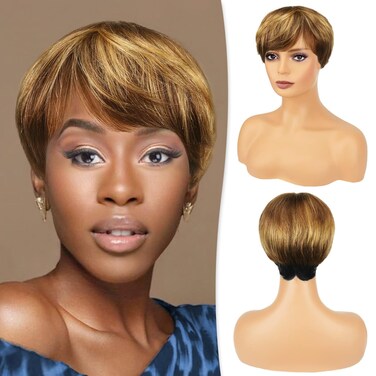 RUWISS Pixie Cut Wigs for Black Women Pixie Cut Human Hair Wigs Short Layered Wigs Upper Brown&amp;Blonde Mixed Lower Natural Black Short Pixie Human Hair Wigs (BL1B/427