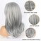 Layered Grey Wigs for White Women Synthetic Wig with Bangs Highlight Gray Wavy Wig, 16inch Salt and Pepper Wigs for Women Hair Replacement Wigs for Daily Party Use(Grey Wig)