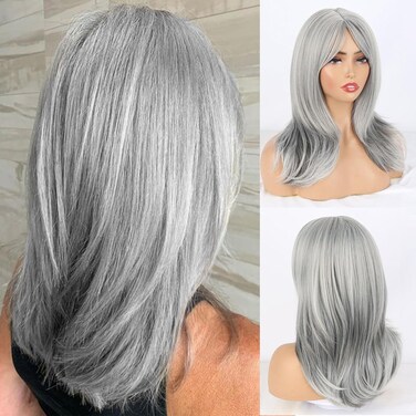 Layered Grey Wigs for White Women Synthetic Wig with Bangs Highlight Gray Wavy Wig, 16inch Salt and Pepper Wigs for Women Hair Replacement Wigs for Daily Party Use(Grey Wig)