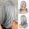 Layered Grey Wigs for White Women Synthetic Wig with Bangs Highlight Gray Wavy Wig, 16inch Salt and Pepper Wigs for Women Hair Replacement Wigs for Daily Party Use(Grey Wig)