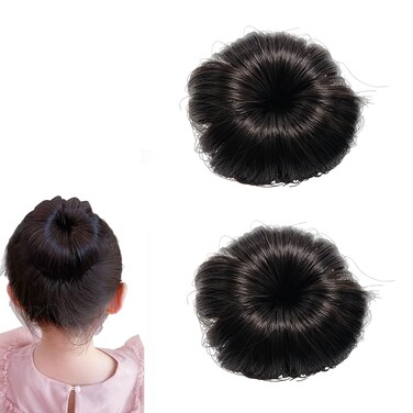 2PCS Synthetic Fiber Hair Bun with Alligator Clips Hair Extension Updo Donut Chignon Straight Synthetic Fake Ballet Messy Bun Short Ponytail Wig Hairpiece for Little Girls