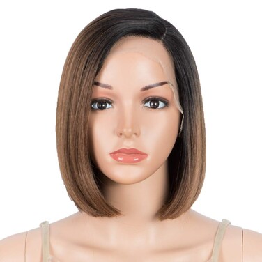 D&Eacute;BUT Lace Front Wigs for Black Women Short Bob Wigs Natural Straight Synthetic Hair Swiss Lace Heat Resistant Fibers 9.5" 120g Off Black Mixed Auburn Brown (Simulated Scalp 9.5 Inches, TT1B/30)