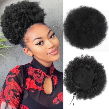 Afro Puff Ponytail for Black Women, Black Short Synthetic Kinky Curly Bun Hair Extensions