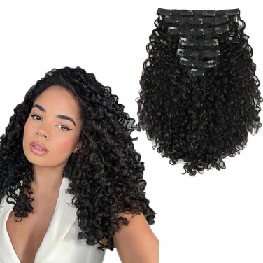 ABH AMAZINGBEAUTY HAIR Curly Clip in Hair Extensions Black Women Spiral Curl Human Hair Clip in Extensions Double Weft Curly Hair Clip in Extensions Natural Black Virgin Hair 7Pcs 120G 14 Inch