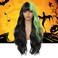 meiliprotea Half Black Half Green Wig with Bangs Long Wavy Costume Wig 26 Inches Green Highlight Curly Wavy Synthetic Wigs for Women Halloween Cosplay Party Show (Black and Green)