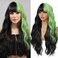 meiliprotea Half Black Half Green Wig with Bangs Long Wavy Costume Wig 26 Inches Green Highlight Curly Wavy Synthetic Wigs for Women Halloween Cosplay Party Show (Black and Green)
