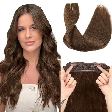 Star Show Hair Extensions Real Human Hair Chocolate Brown Hair Extensions Straight Human Hair Extensions with Transparent Wire Adjustable Size Line Hairpiece (16inch, Chocolate Brown #4)