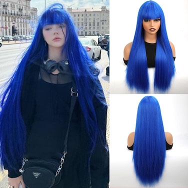 Long Blue Wig Straight Synthetic Wigs For Women 28 Inch Synthetic Wig With Bangs Natural Looking Synthetic Hair Heat Resistant Fiber Wigs for Daily Party Use